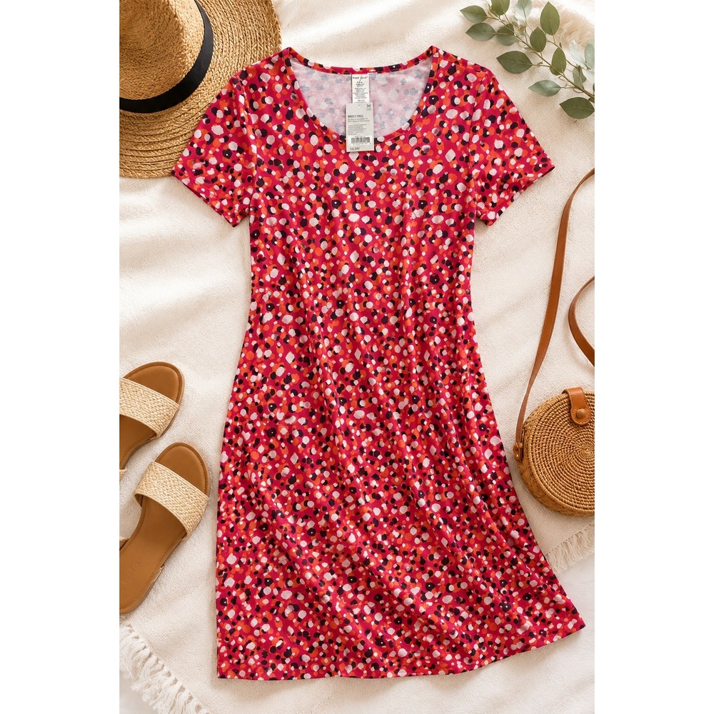 West Loop Womens Pink Orange Abstract Dot Short Sleeve Midi T-Shirt Dress Medium